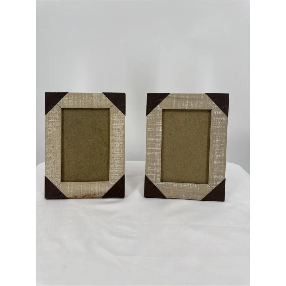Lot Of 4 Wooden Rustic Photo Frames With Metal Riveted Corners For 4 X 6 Photos.
